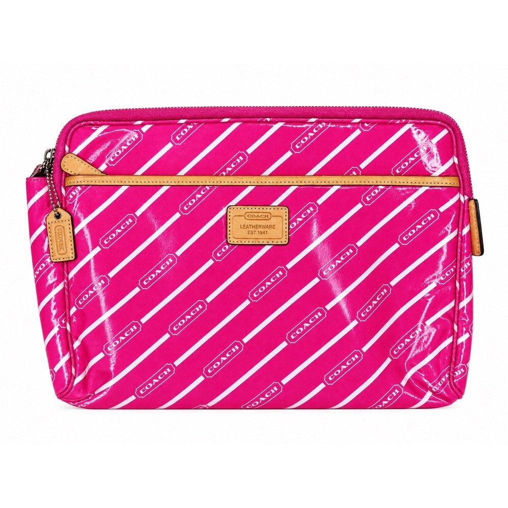 Coach Pink Logo Stripe Patent Canvas Cosmetic Bag Large
